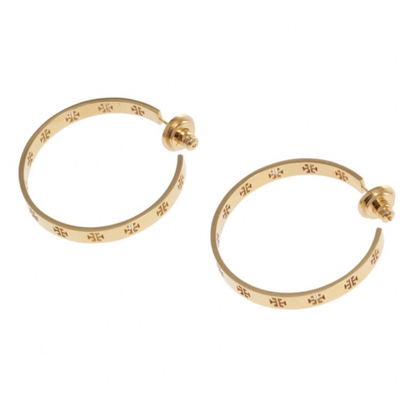 TORY BURCH • Gold Signature Pierced Logo Hoop Earrings - Picture 4 of 5